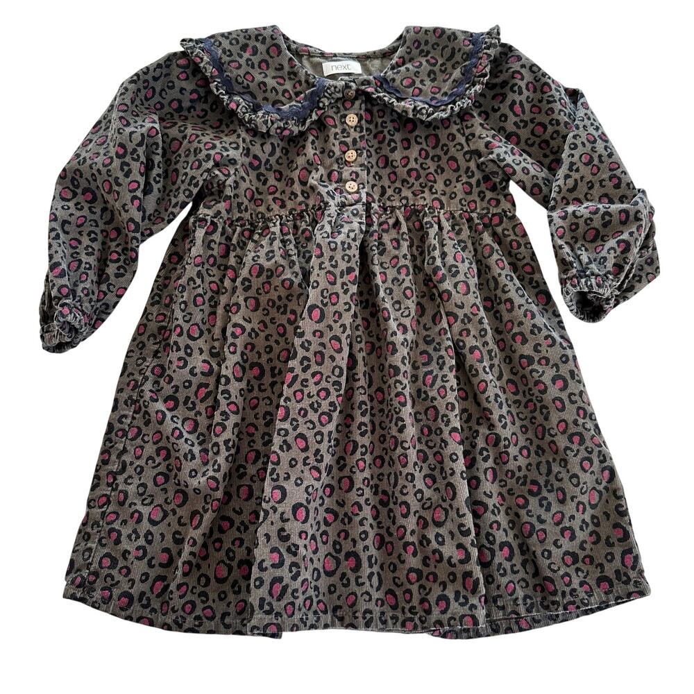 Next Corduroy cheetah Button front long Sleeve Dress - Size 2-3